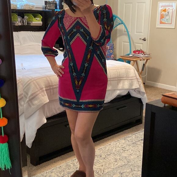 Pink Owl Women Fuchsia Abstract Print Boat Neck Three Quarter Sleeve Dress Sz M - Picture 6 of 7